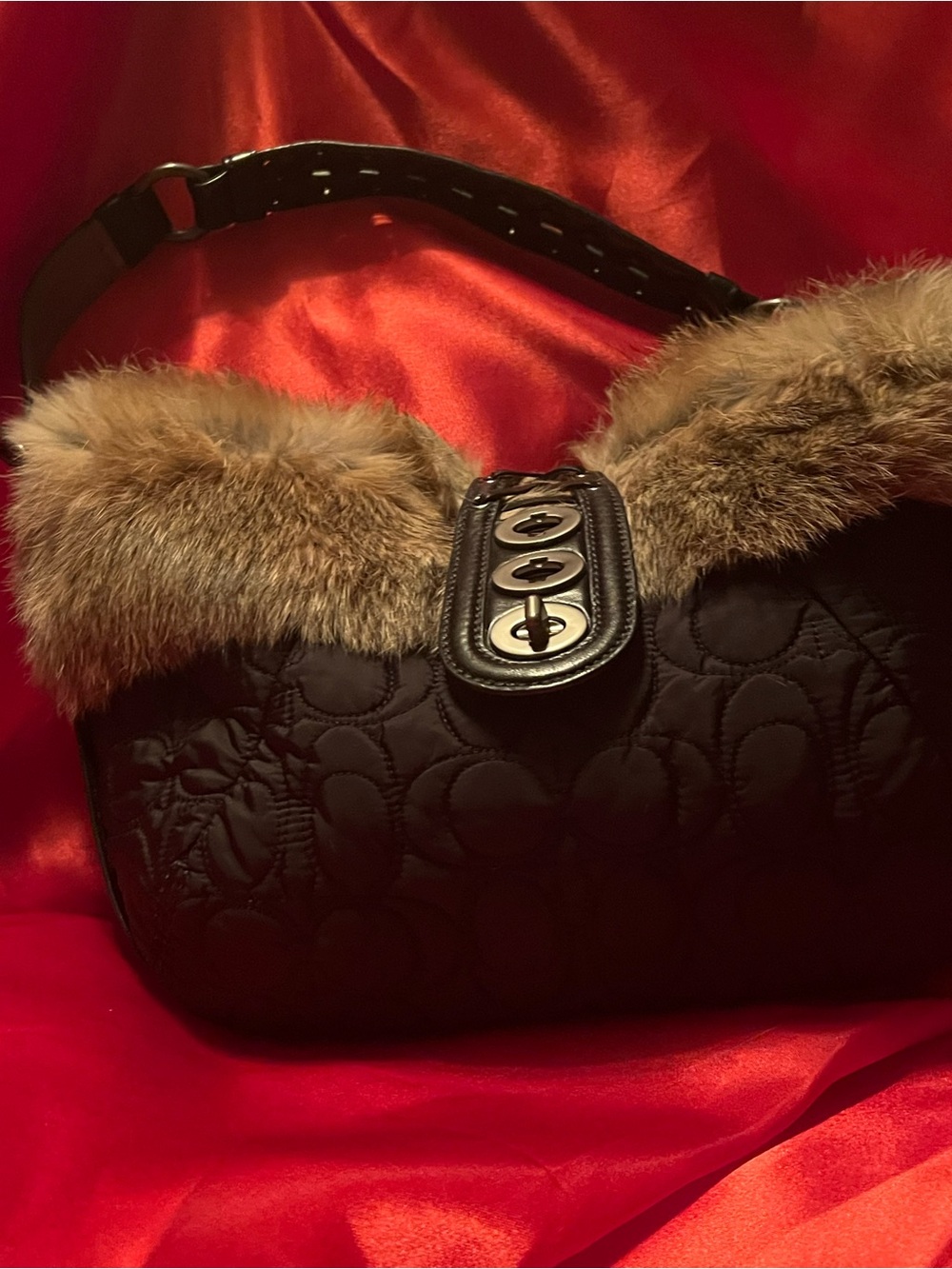Coach Black Quilted Hobo with Natural Fur Trim - Picture 5 of 16